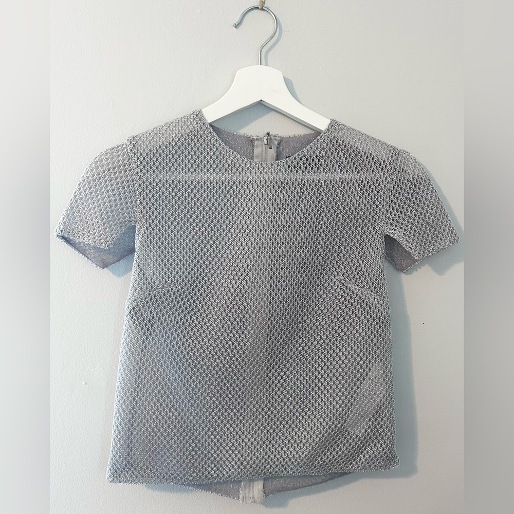C&M Collection Silver Metallic Textured Knit Top Zip Back Size EU 34 (US 4)